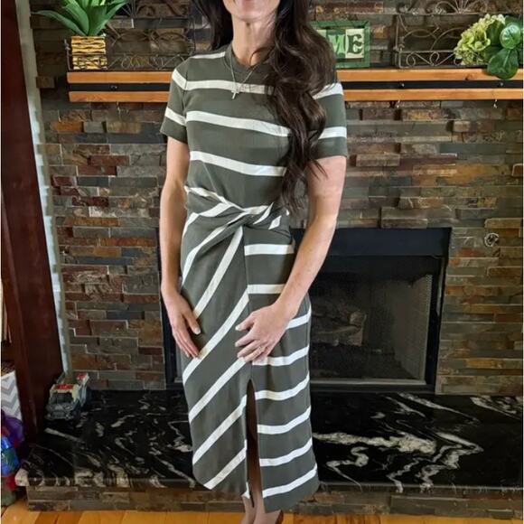 Tanya Taylor Olive Striped Dress LARGE Cotton Knit Work Career Designer $355 - Picture 6 of 13